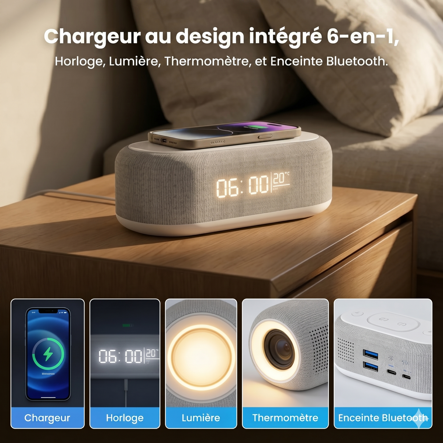 PowerDock™ 4-en-1 – Charge Sans Fil, Enceinte Bluetooth & Réveil Intelligent